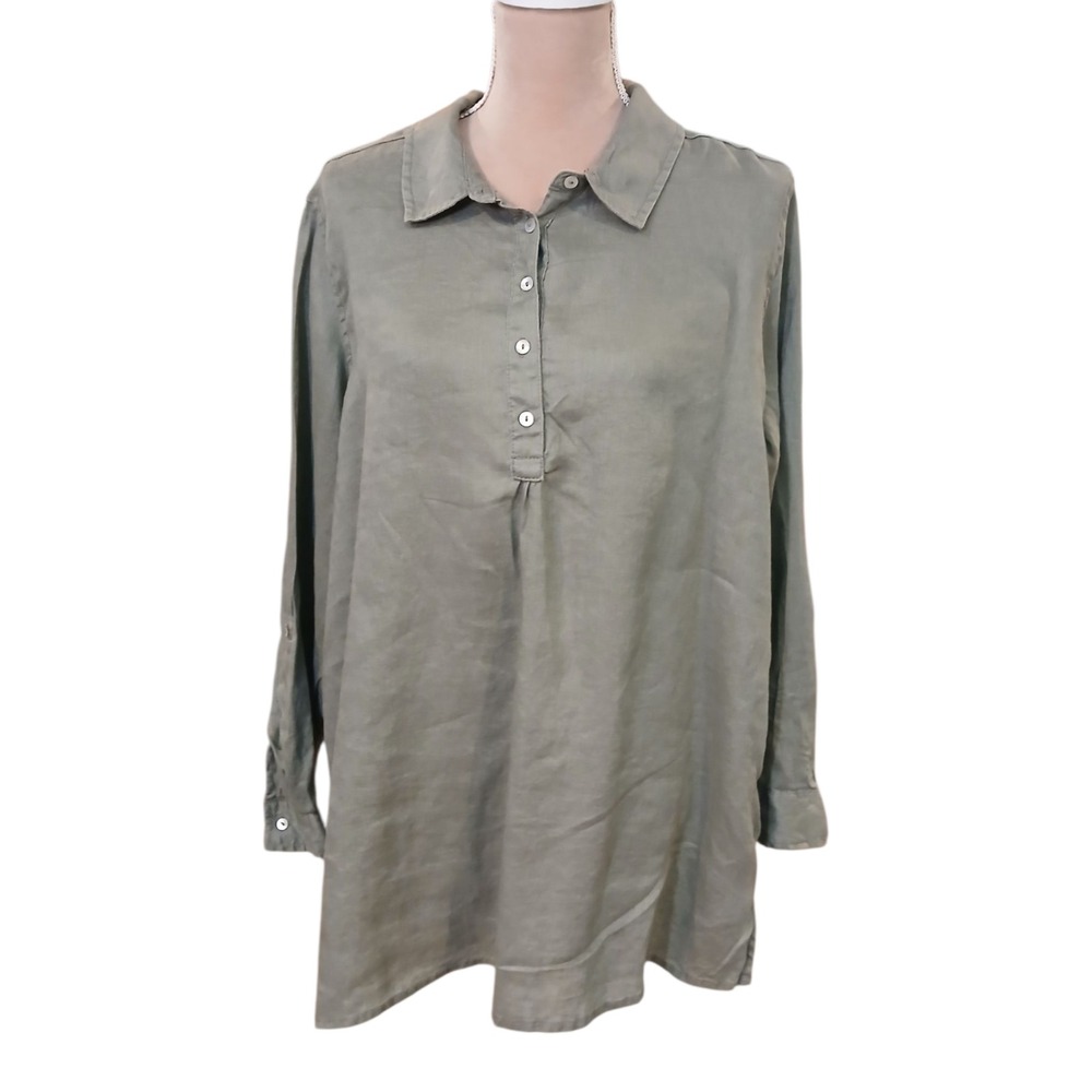 JNY Jones New York Linen Collared Button Front Tunic Shirt Olive Green Size 1X